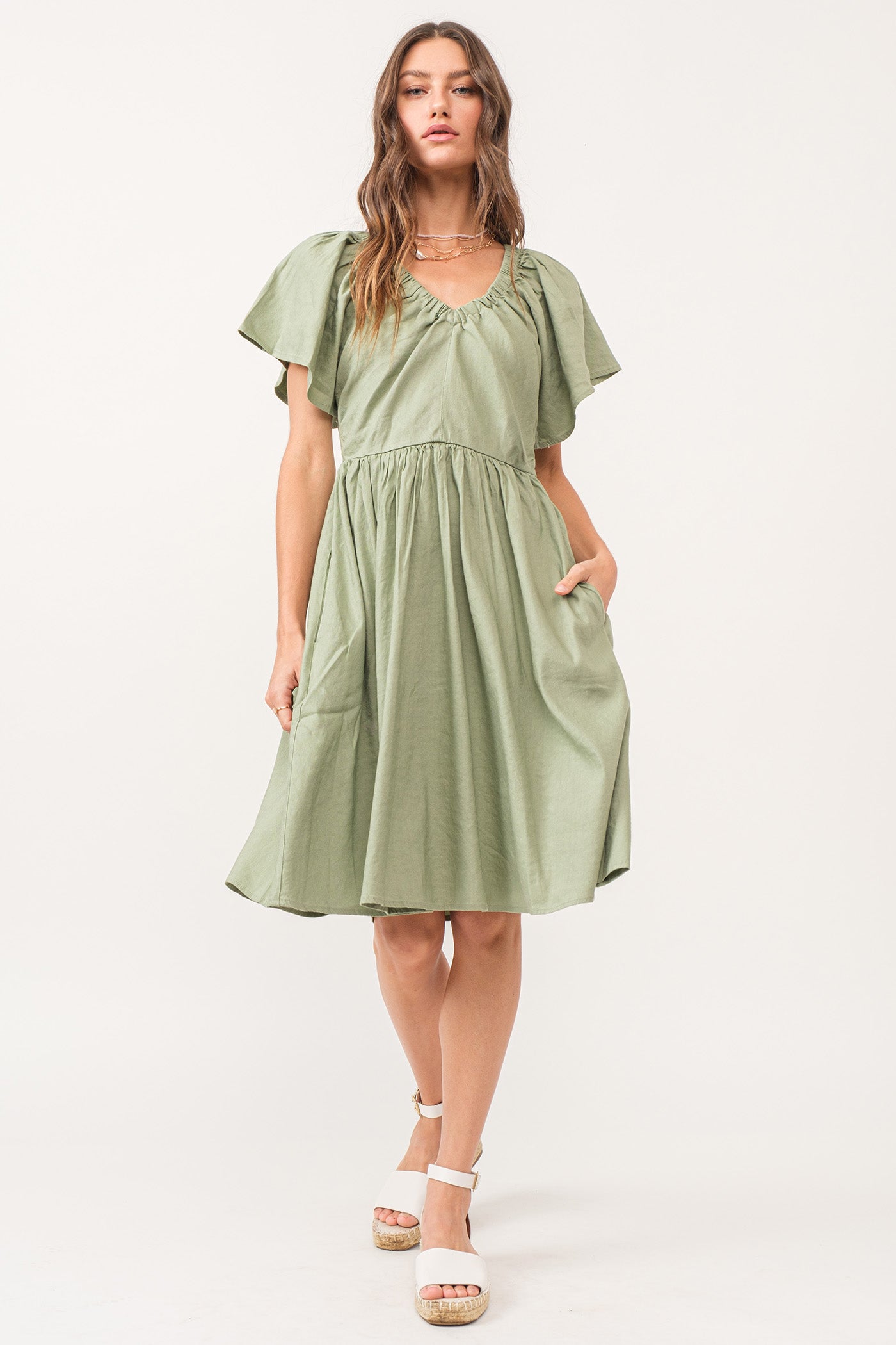 SAGE PETAL SLEEVE DRESS EUCALYPTUS LINEN