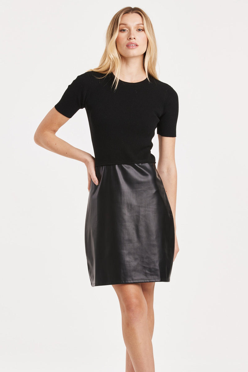 kimora-short-sleeve-ribbed-t-shirt-dress-with-leather-skirt-black