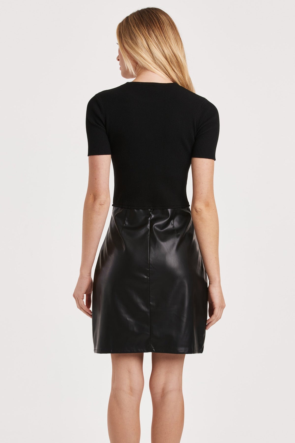 kimora-short-sleeve-ribbed-t-shirt-dress-with-leather-skirt-black