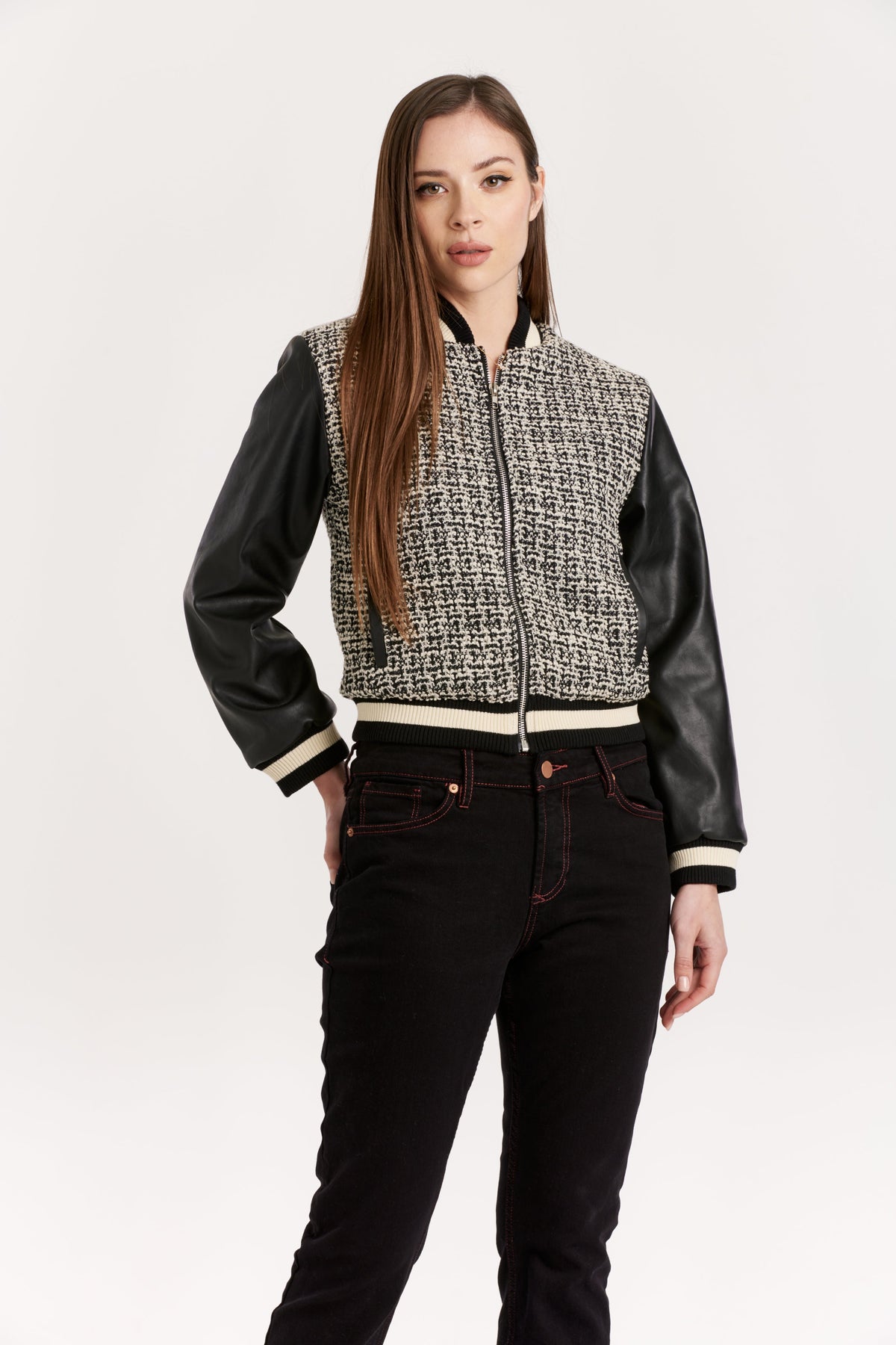 janel-pleather-tweed-mixed-media-bomber-jacket-black/white