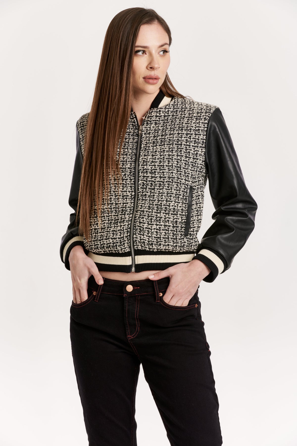 janel-pleather-tweed-mixed-media-bomber-jacket-black/white