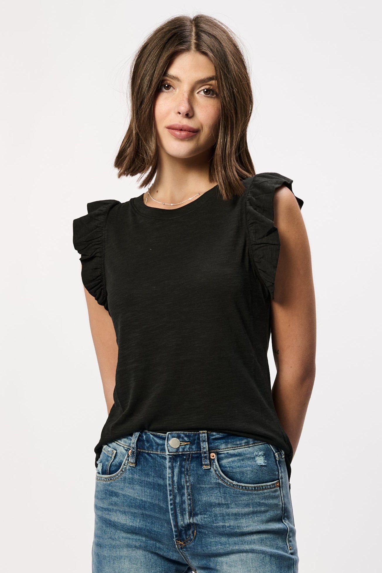 NORTH RUFFLE TRIMMED TOP BLACK