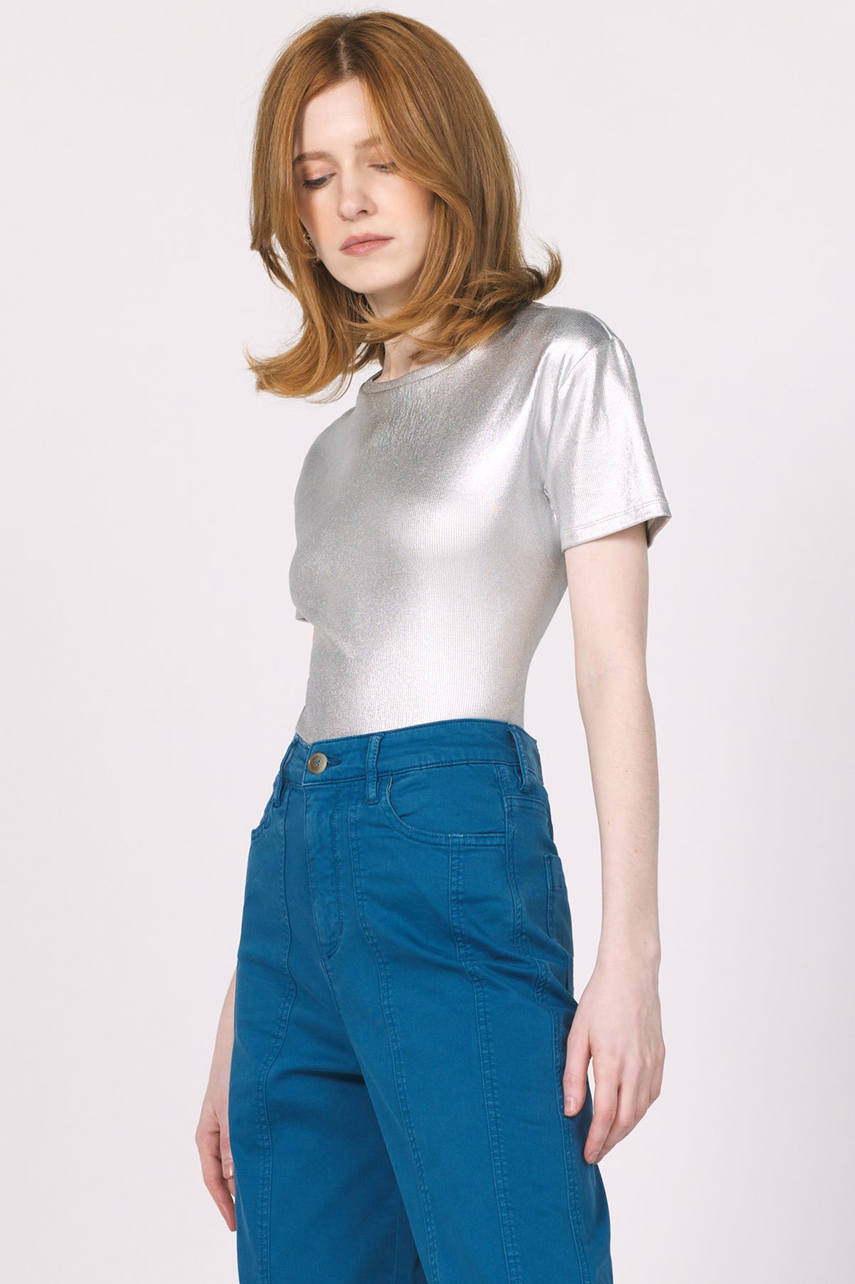 BIANCA SHORT SLEEVE METALLIC TEE SILVER FOIL
