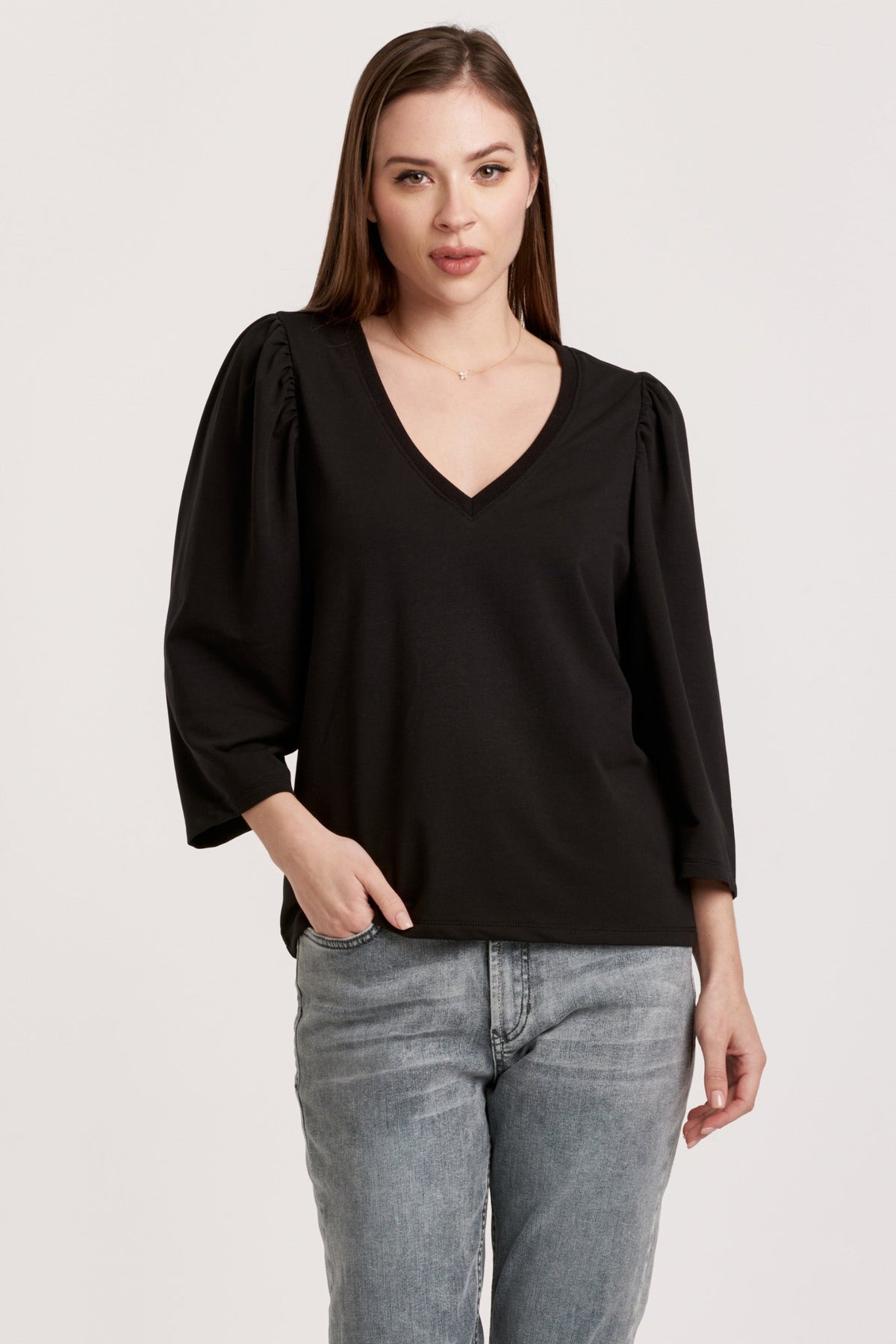 zada-v-neck-gathered-sleeve-top-black