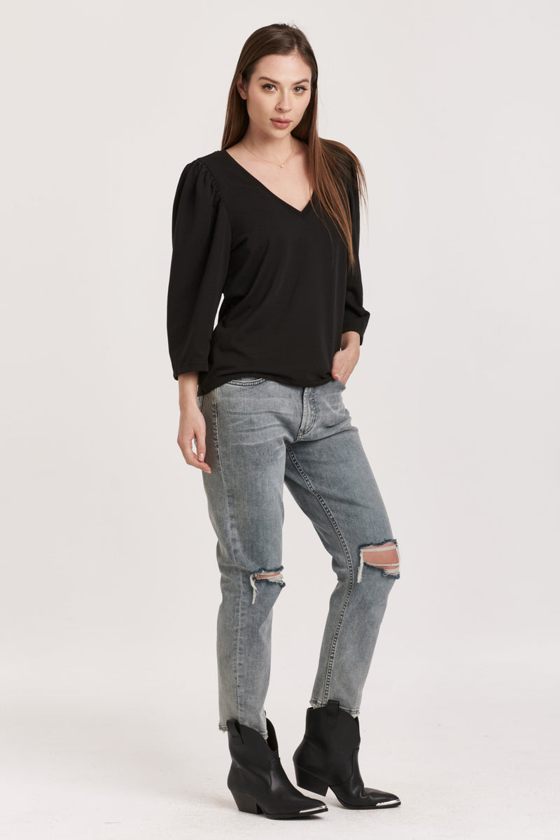 zada-v-neck-gathered-sleeve-top-black