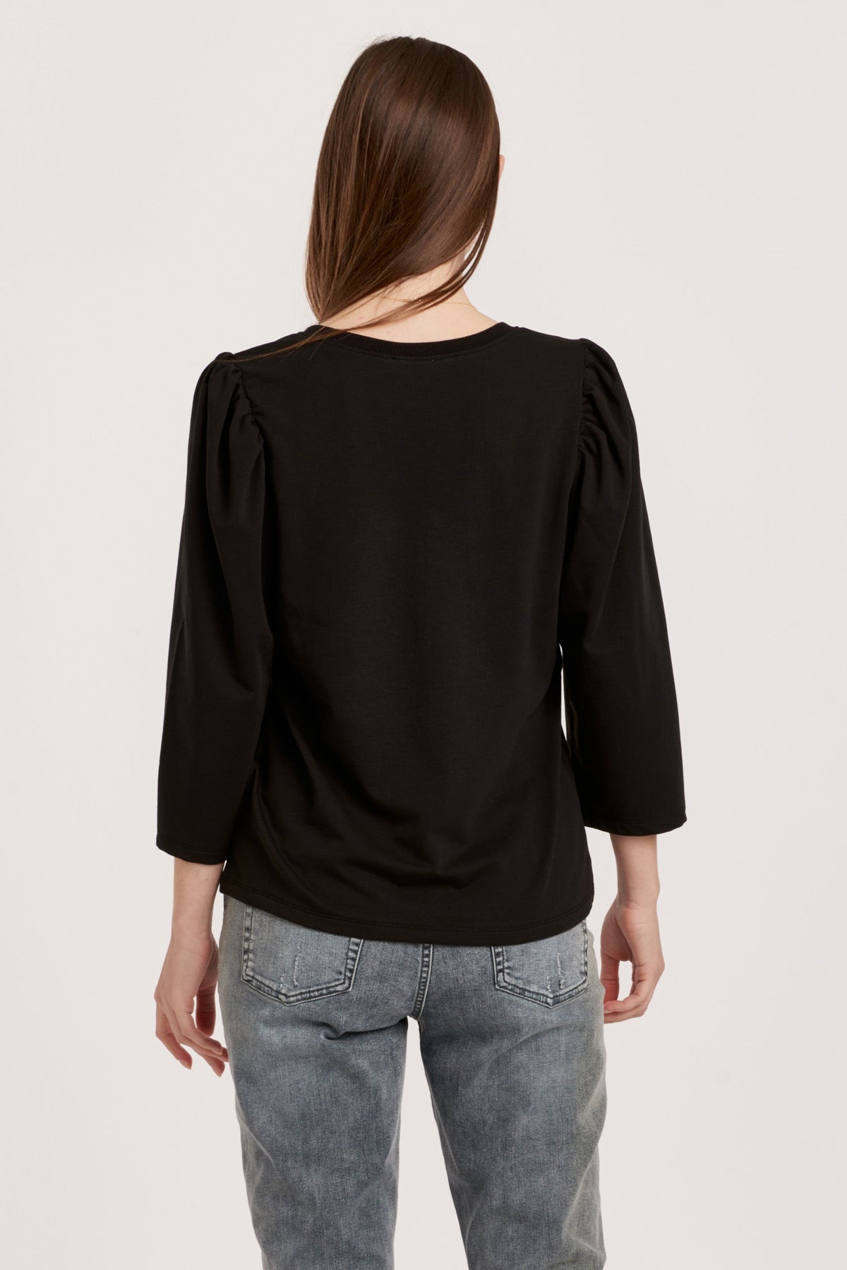 zada-v-neck-gathered-sleeve-top-black