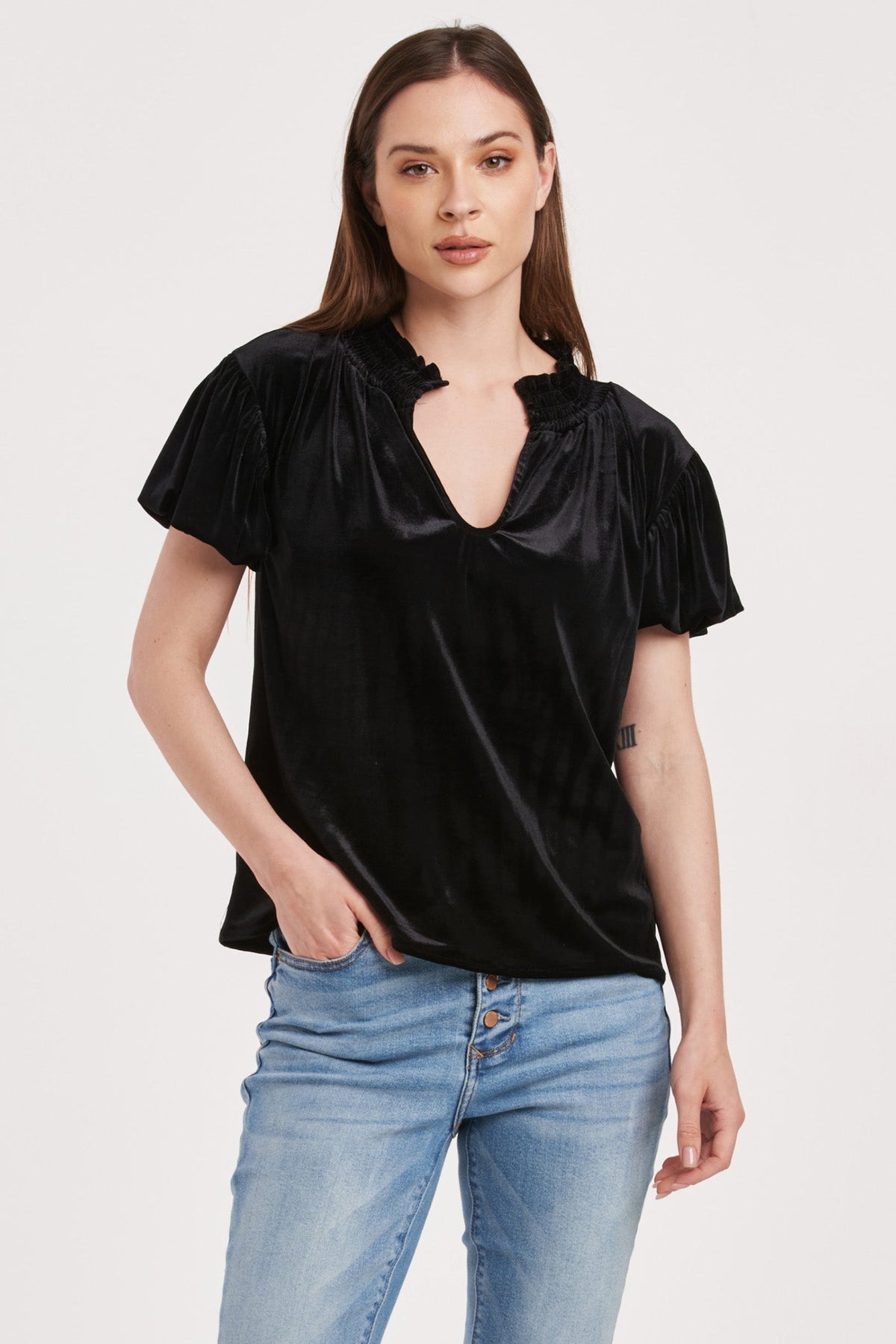 eira-v-neck-short-puff-sleeve-smocking-neck-top-black-velvet