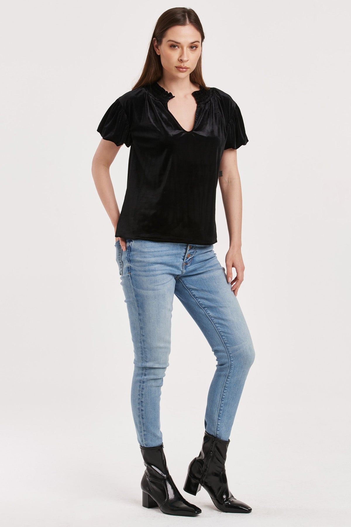 eira-v-neck-short-puff-sleeve-smocking-neck-top-black-velvet