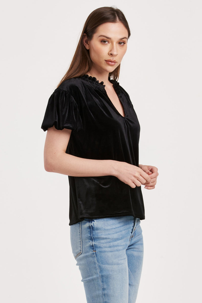 eira-v-neck-short-puff-sleeve-smocking-neck-top-black-velvet