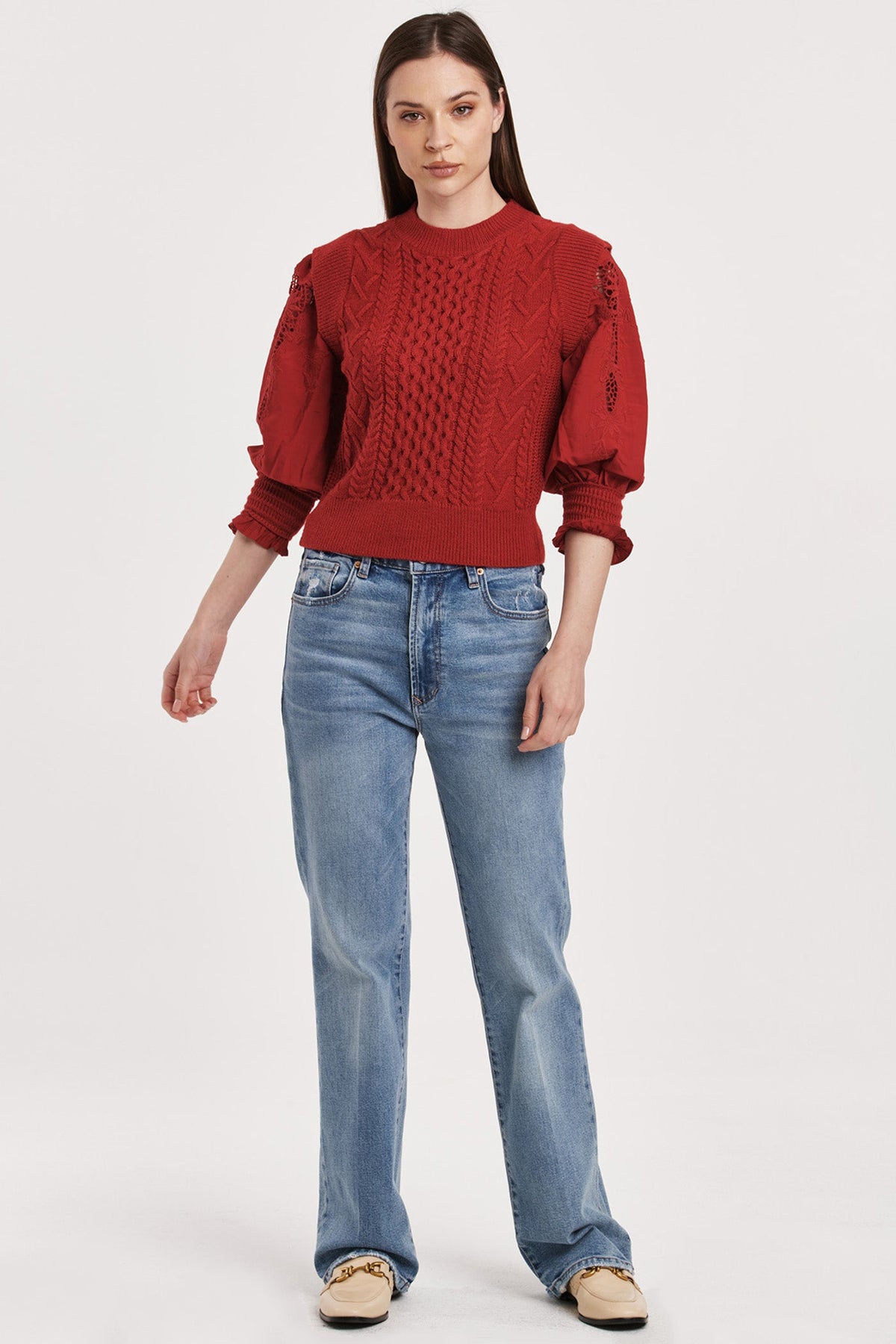 natasha-embroidered-puff-sleeves-cable-knit-sweater-vermilion