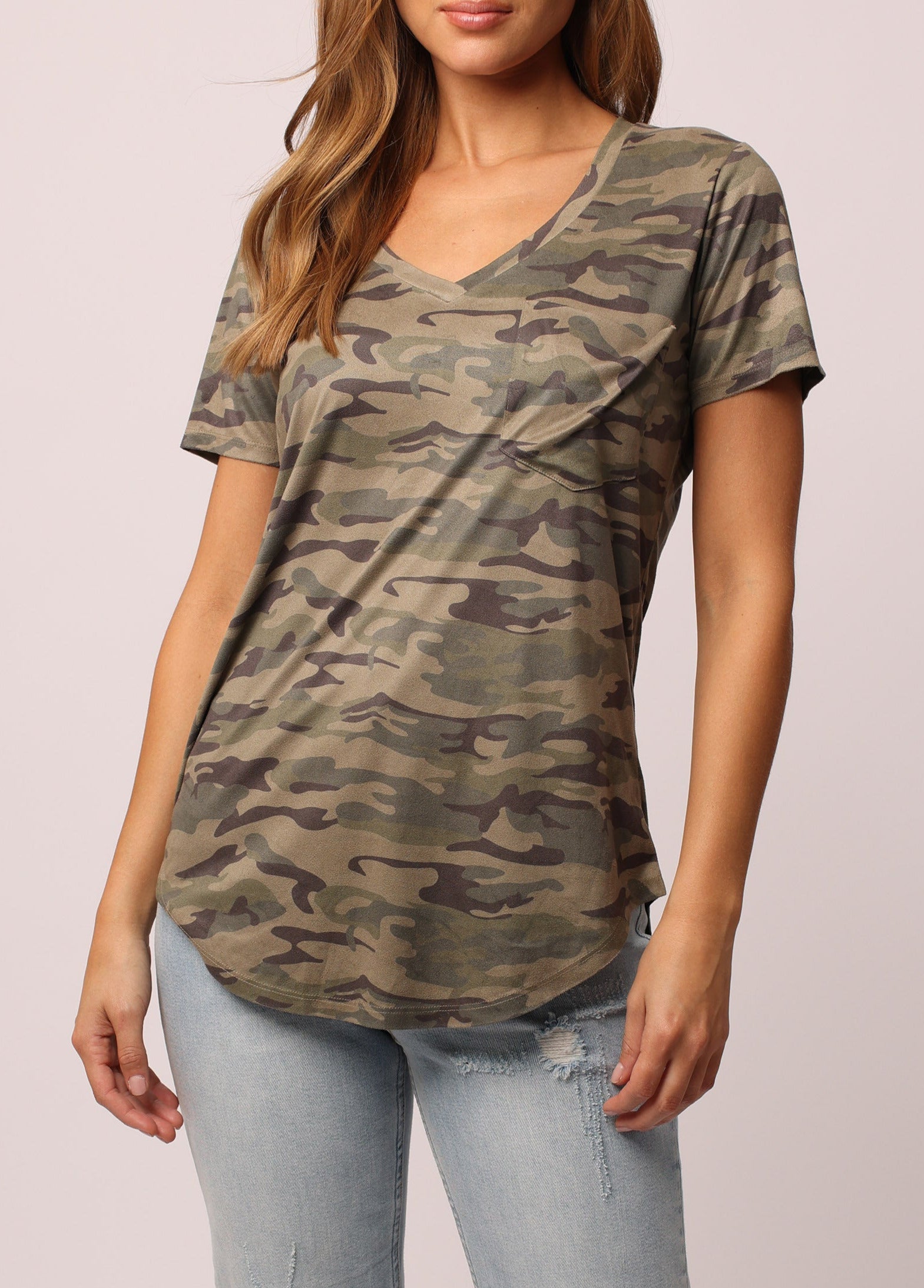 Camouflage v on sale neck t shirt