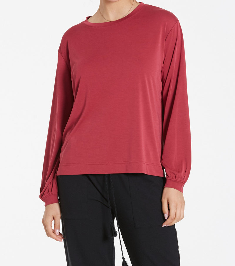 MATILDA shirred long sleeve top in berry pie