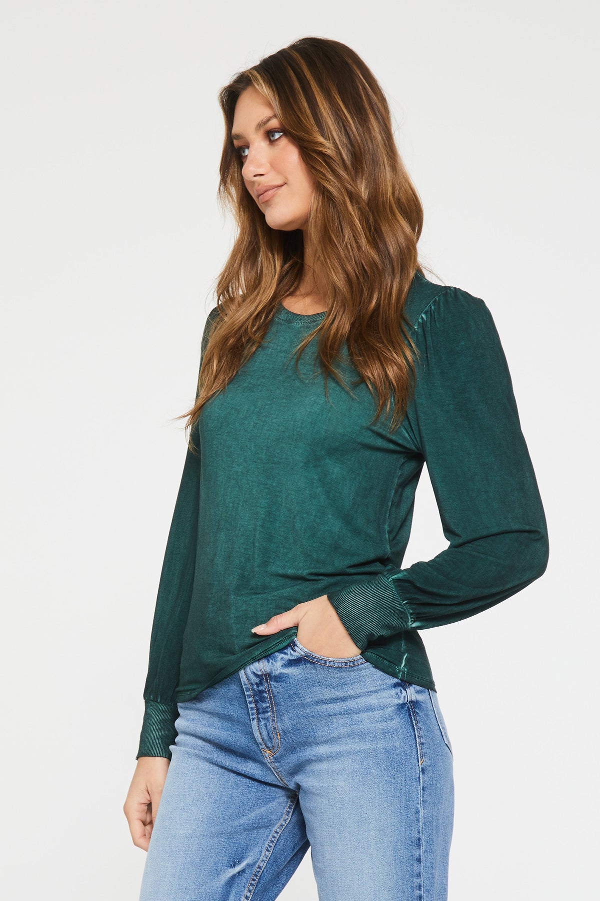 mica-ruched-long-sleeve-top-emerald-side-image-another-love-clothing