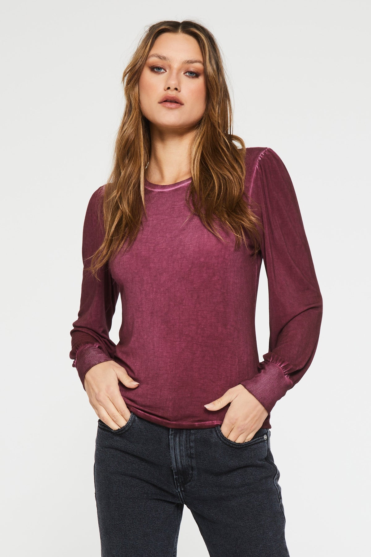 mica-ruched-long-sleeve-top-tawny-port-front-image-another-love-clothing