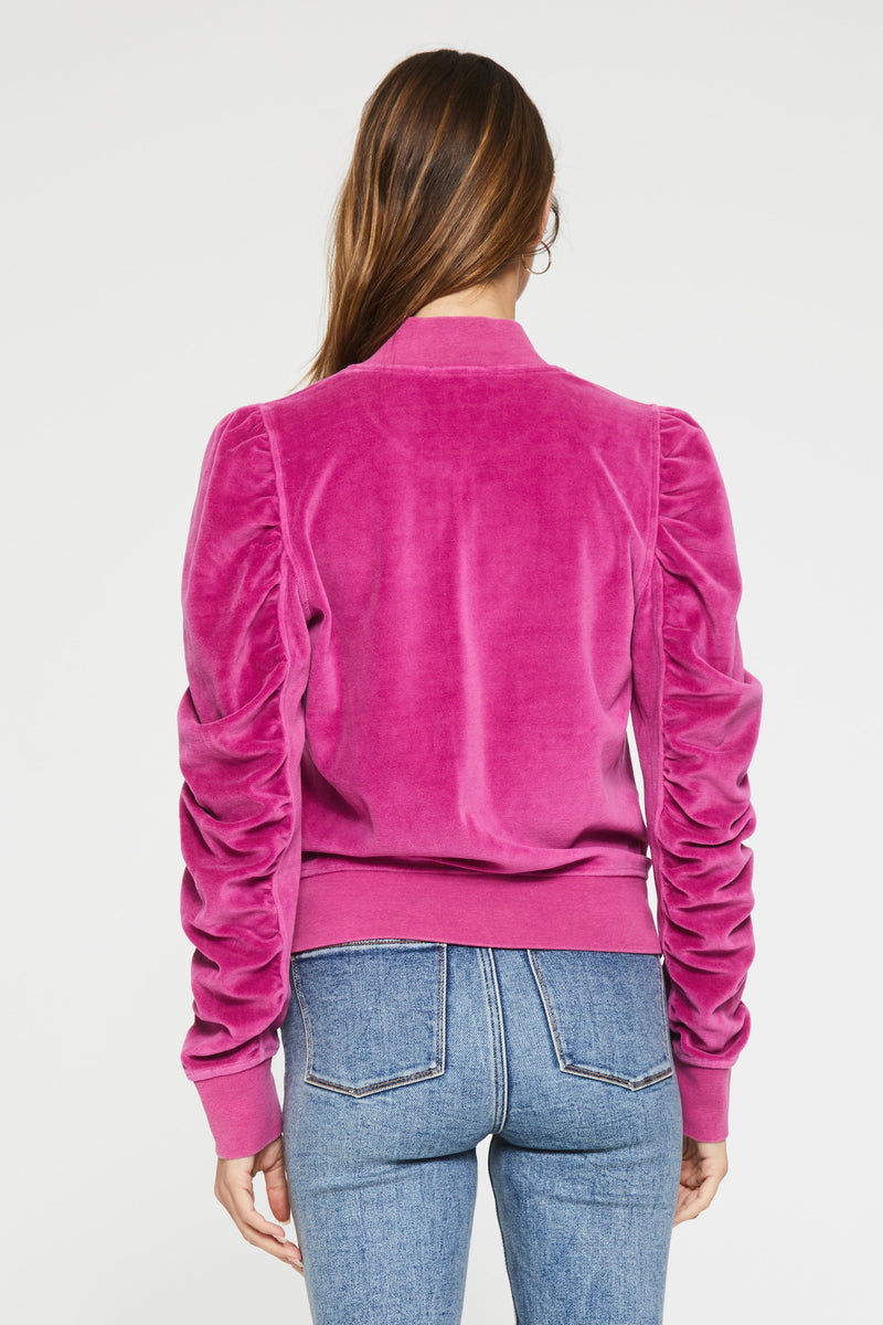 kaya-ruched-zip-up-jacket-magenta-back-image-another-love-clothing