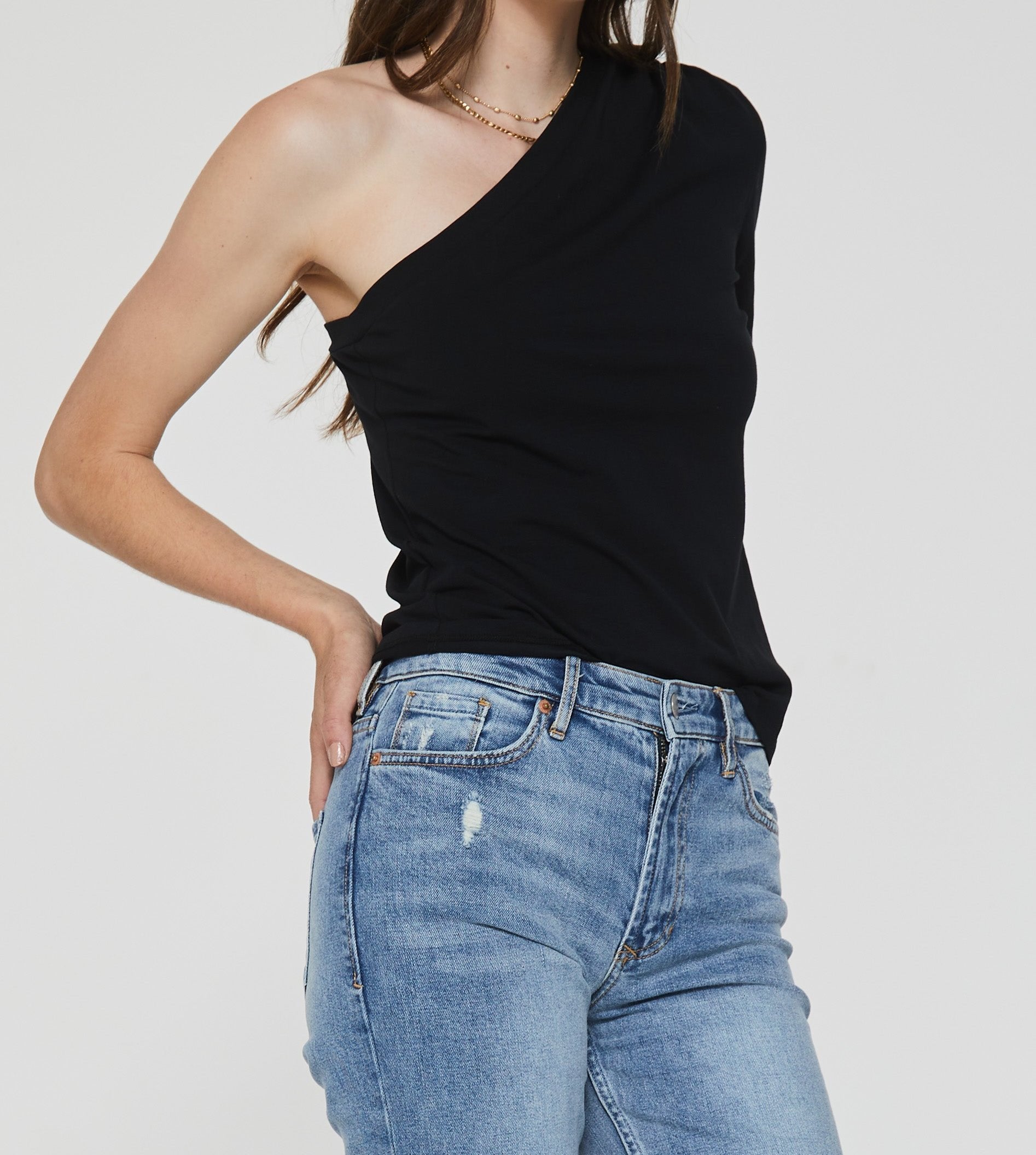 Black one side off outlet shoulder top