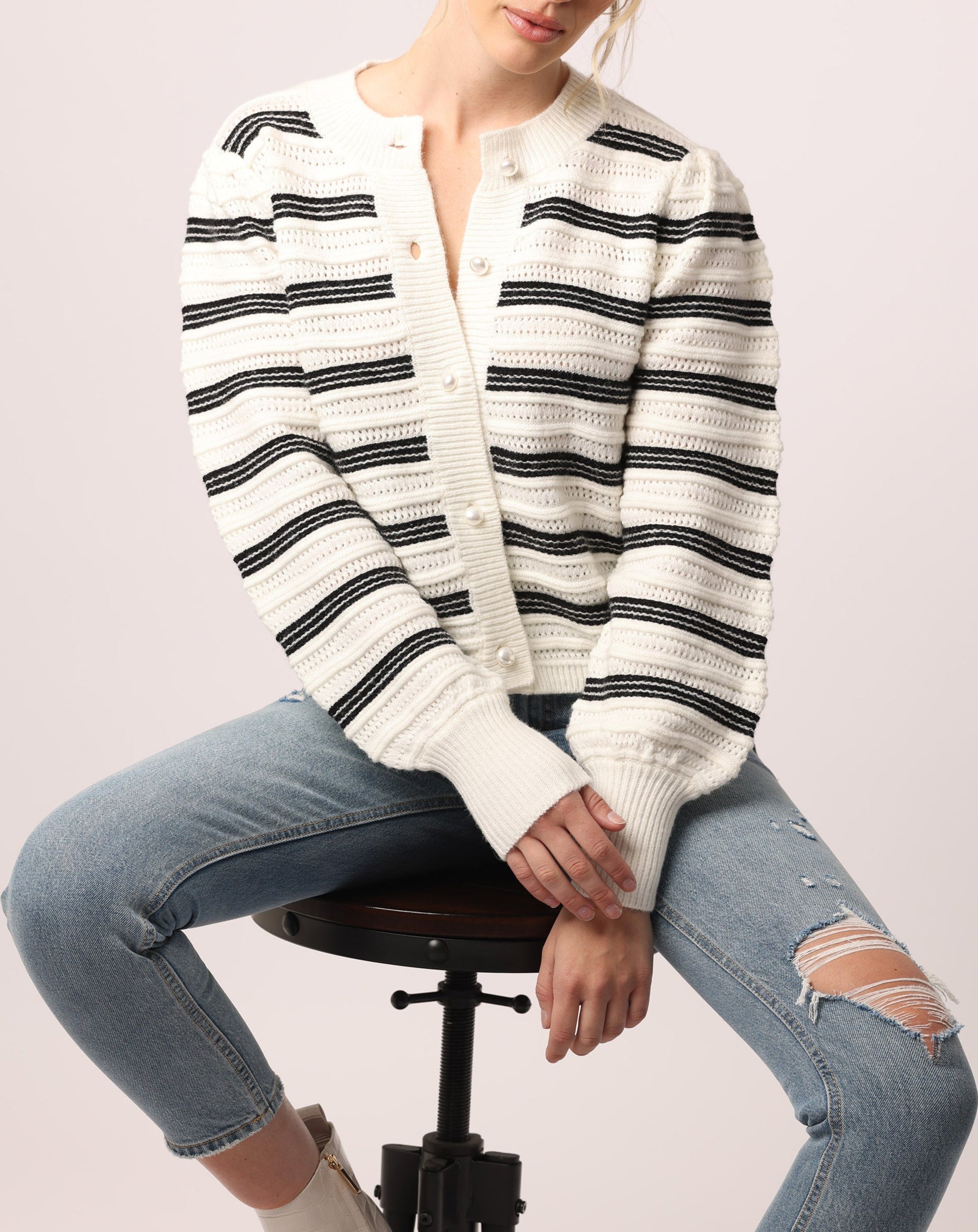 Striped short sleeve knit cardigan - Oyster White