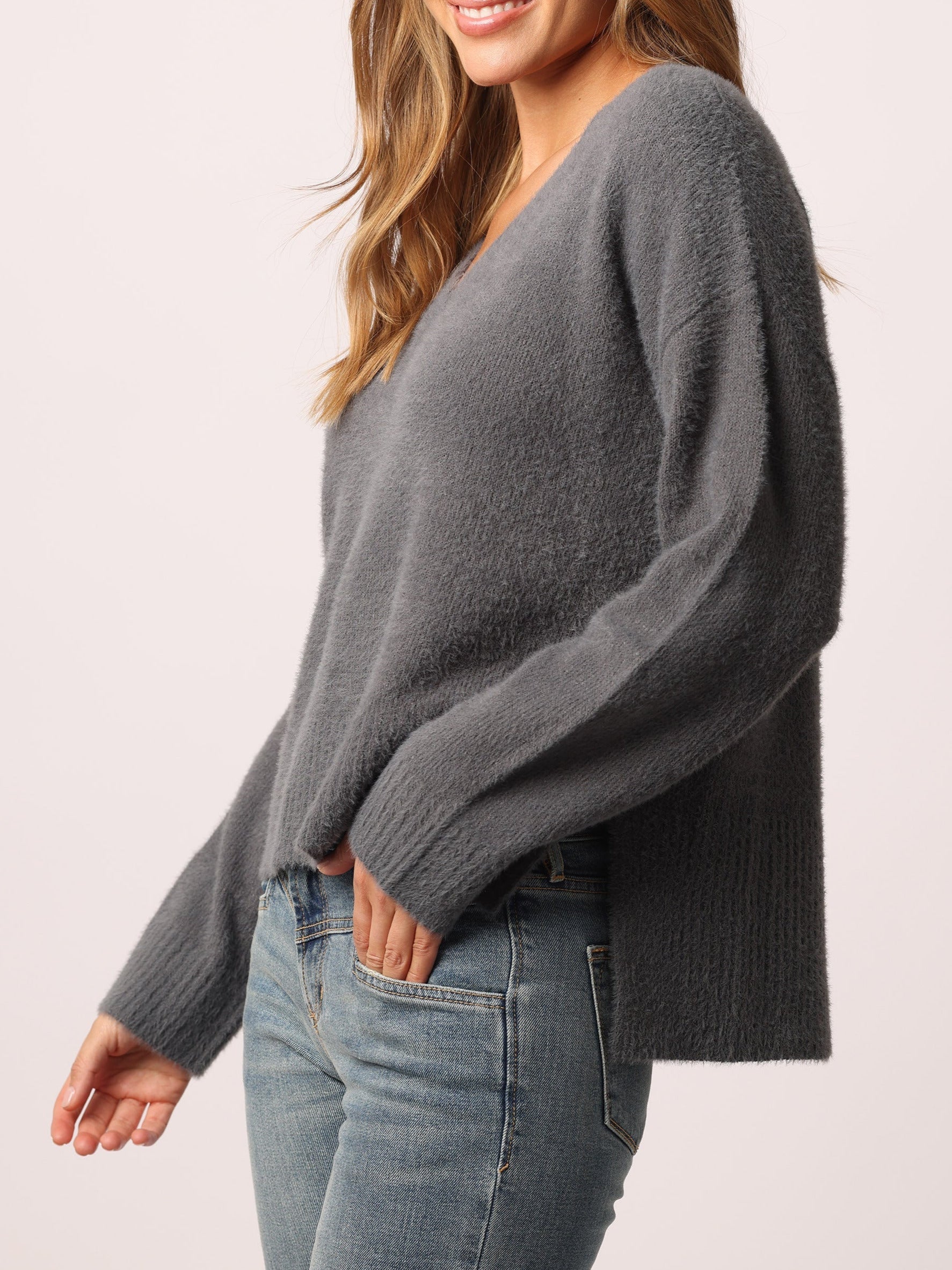 Dark grey v hot sale neck jumper