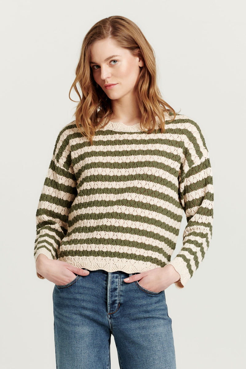 MAEVE SCALLOP EDGE SWEATER OLIVE OIL STRIPE – Another Love